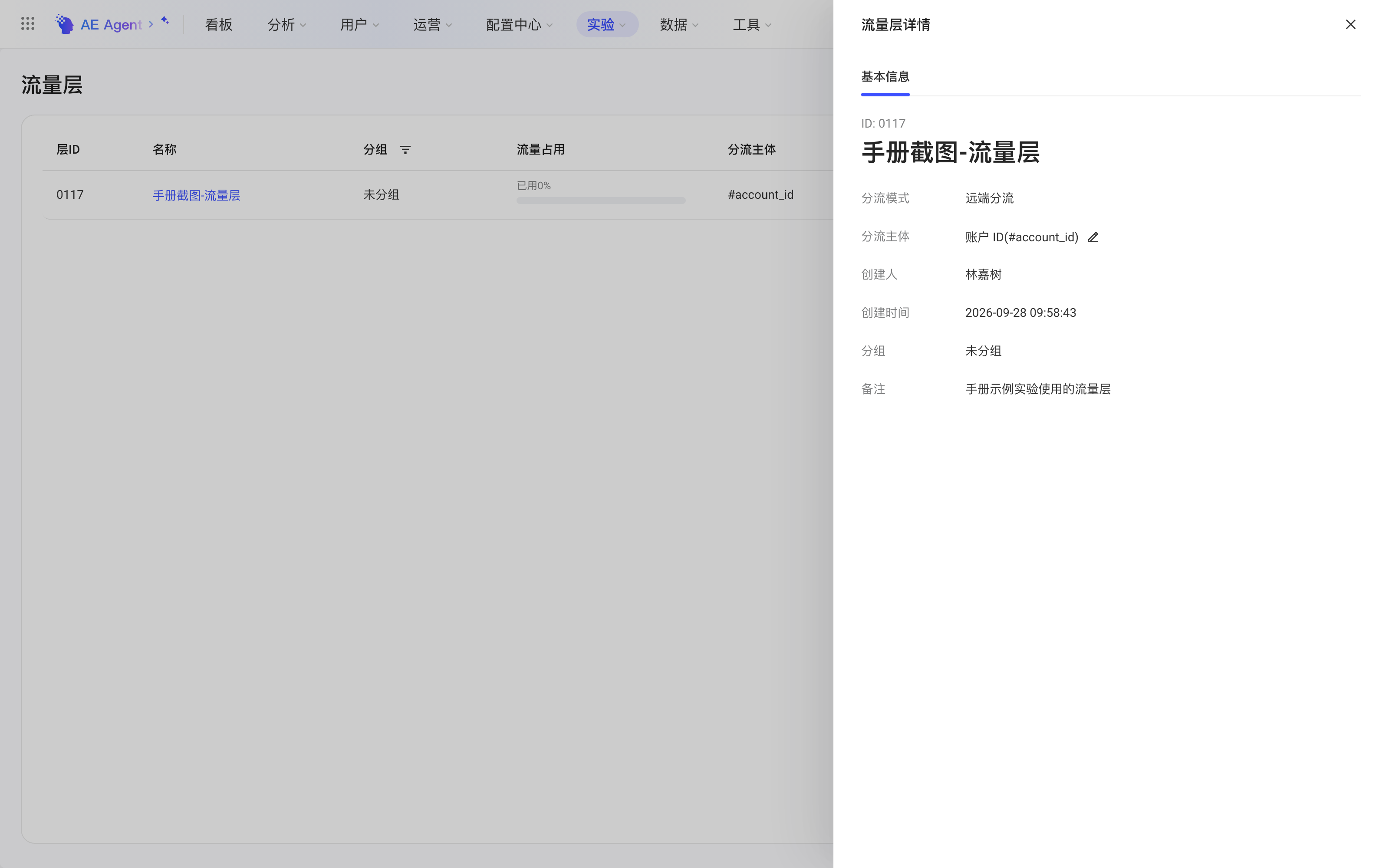 流量层详情抽屉的基本信息页，展示层 ID、分流模式、分流主体、创建信息和备注