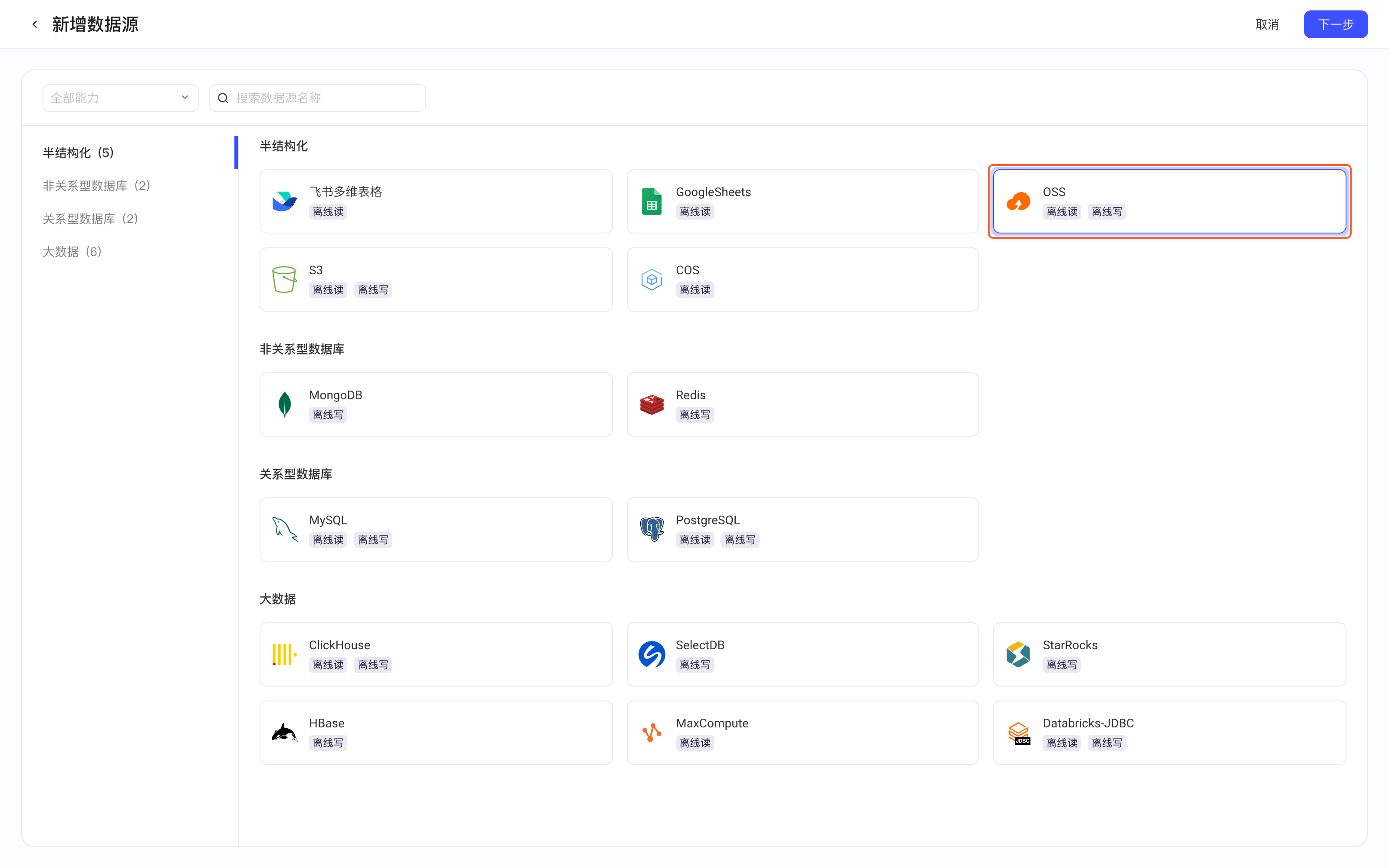 新增数据源页选中并框出 OSS 卡片（离线读、离线写）