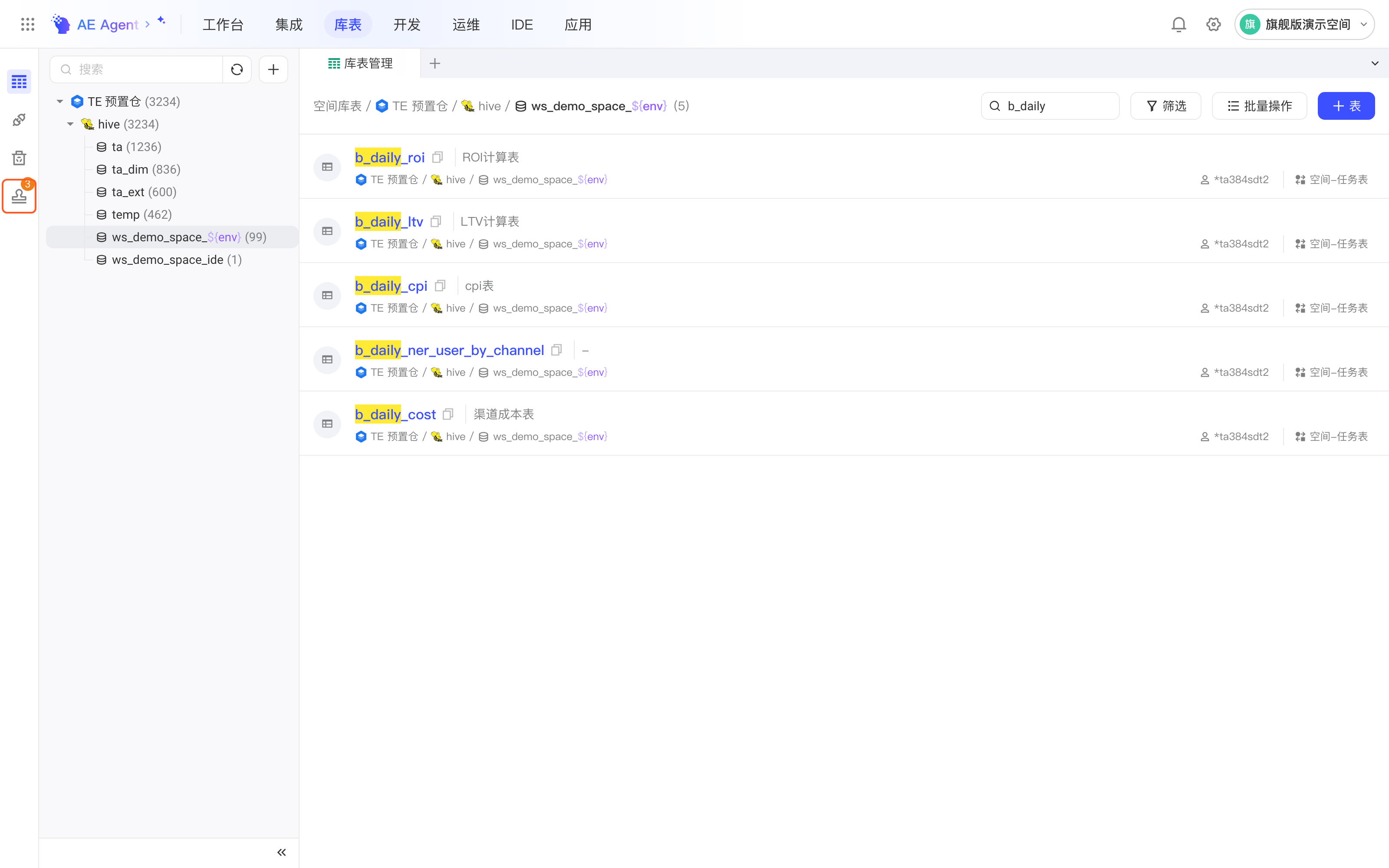 库表管理页，框出左侧图标栏带数量角标的「未注册表」入口
