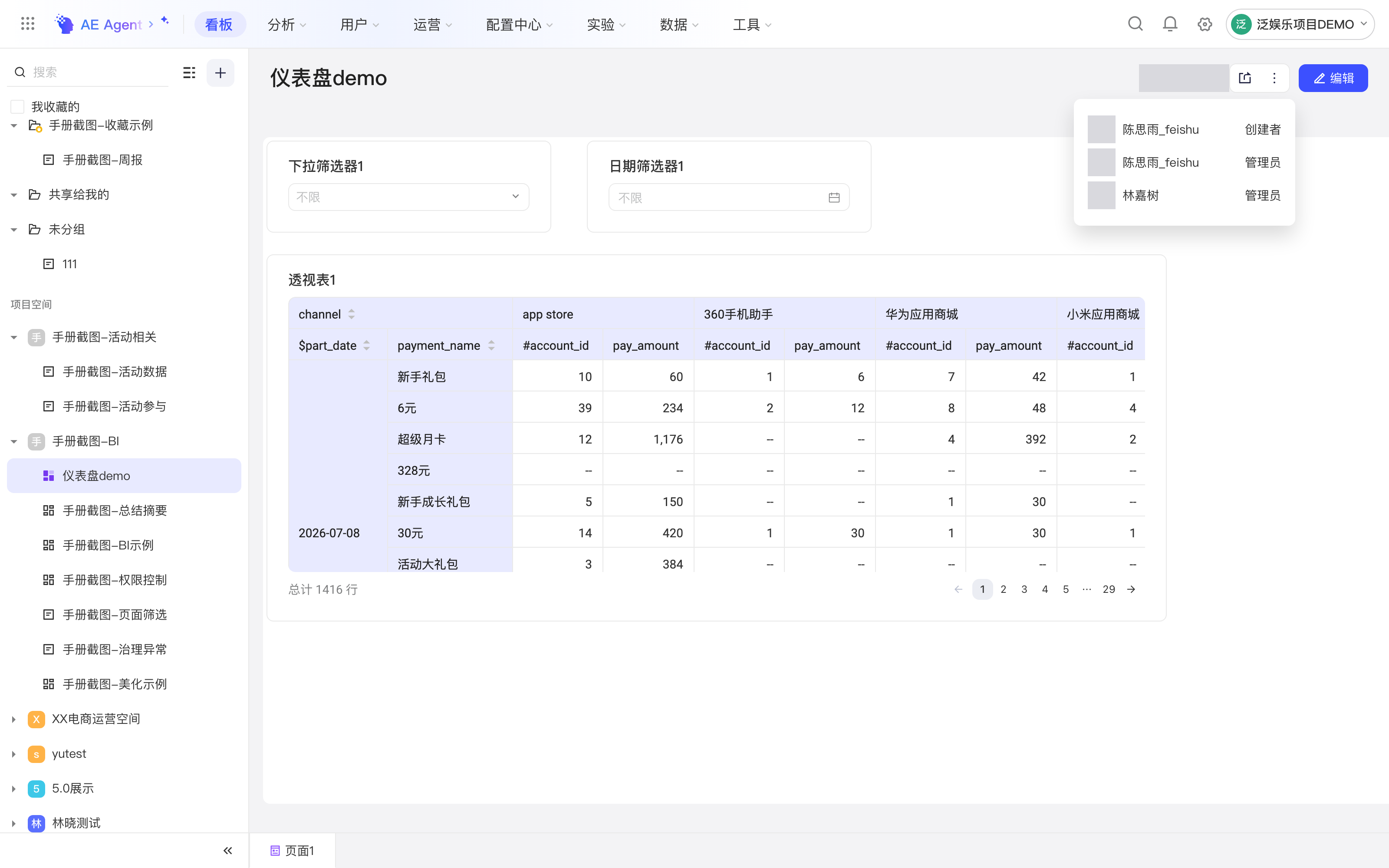悬停仪表盘标题栏的成员头像，弹出有权限的成员及其权限级别