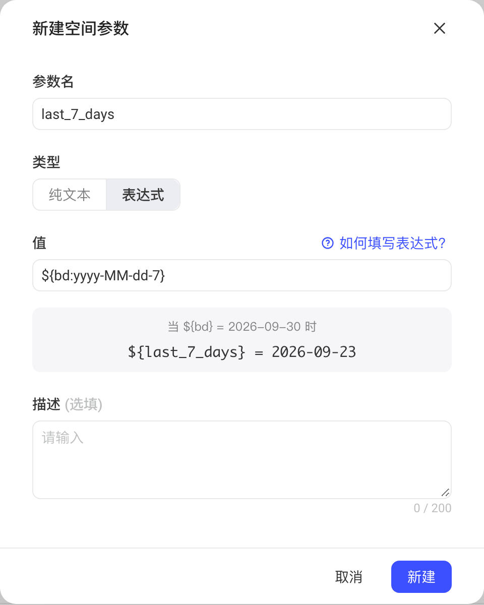 新建空间参数弹窗填好表达式示例 last_7_days，并预览出按基准日期算出的取值