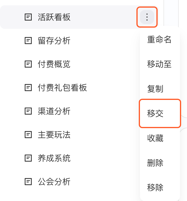 看板名称右侧「⋮」菜单，框出「⋮」按钮和「移交」