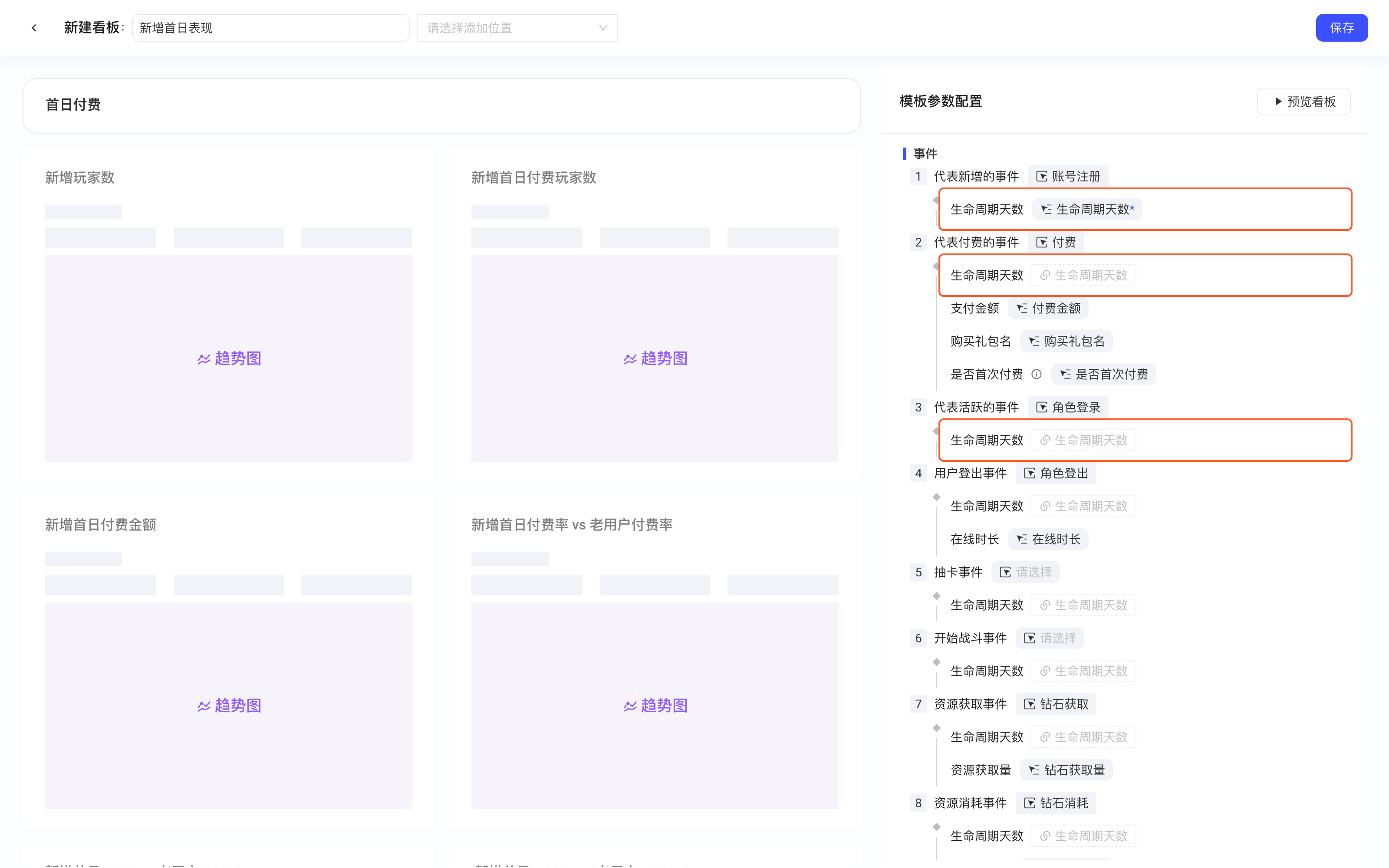 新增首日表现模板参数，生命周期天数只在首个事件指定，其余事件自动带入