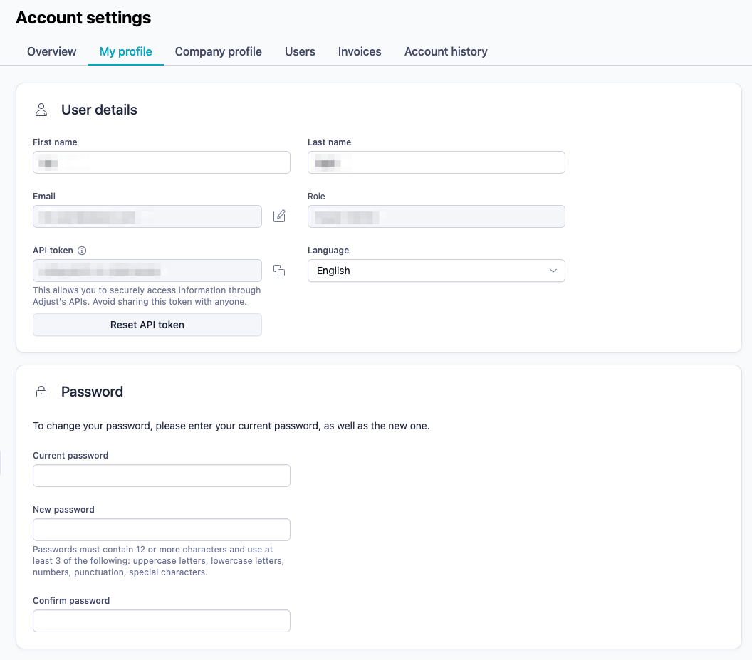 Adjust 后台 Account settings 的 My profile 页，User details 里的 API token 字段
