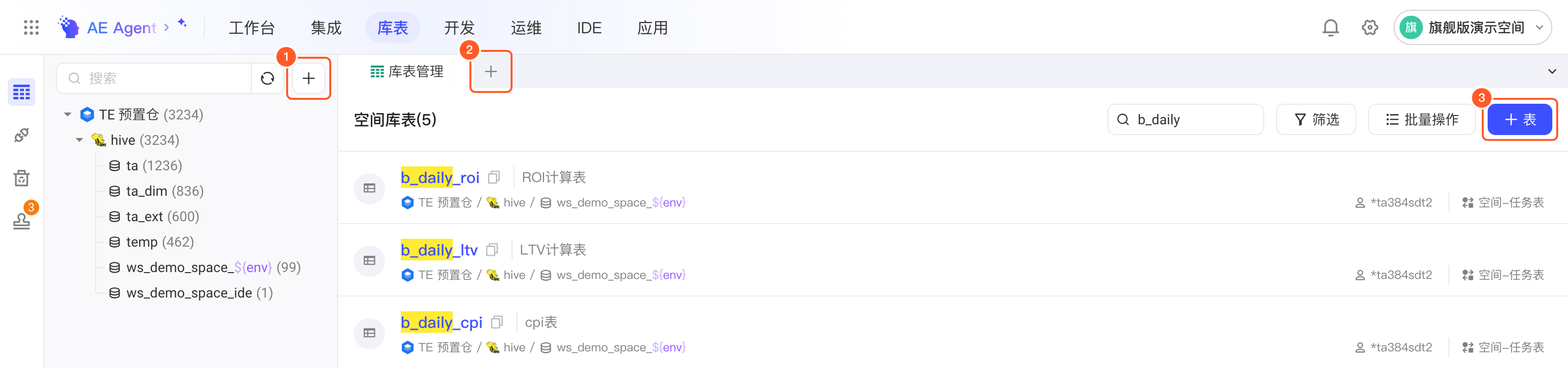 库表页上创建空间表的三个入口：字典区「+」、页签区「+」和「+ 表」按钮