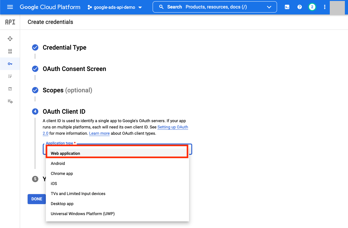OAuth Client ID 步骤，Application type 下拉框出 Web application