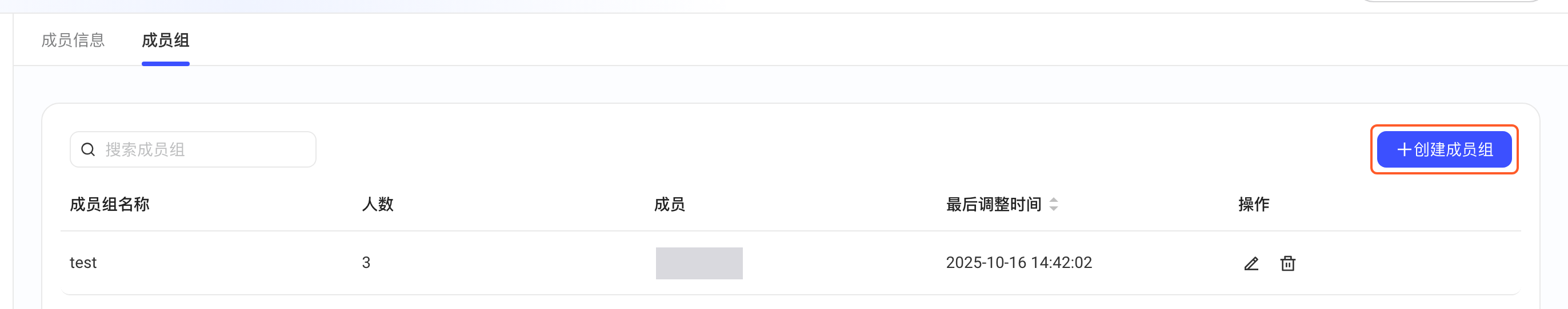 成员组列表，框出右上角「创建成员组」按钮