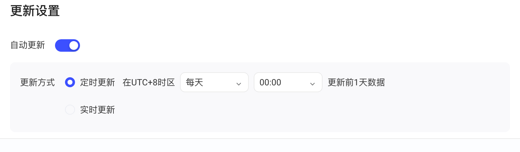 更新设置：开启自动更新，按 UTC+8 每天 00:00 定时更新前 1 天数据