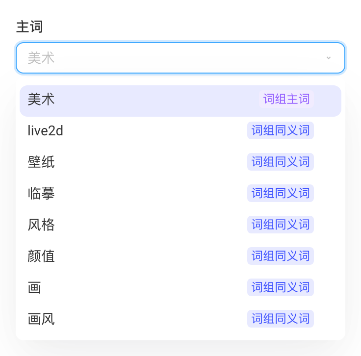 编辑词组时展开主词下拉，同义词标为词组同义词，选中即与主词置换