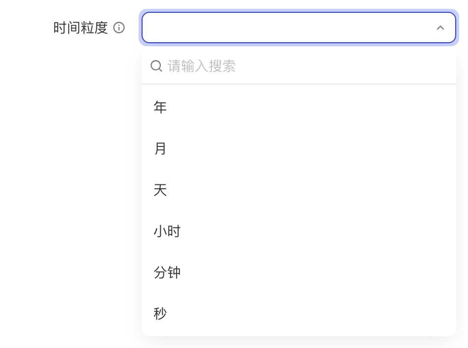 跨源维度表选了时间类型的主体属性后，「时间粒度」下拉列出年到毫秒各级粒度