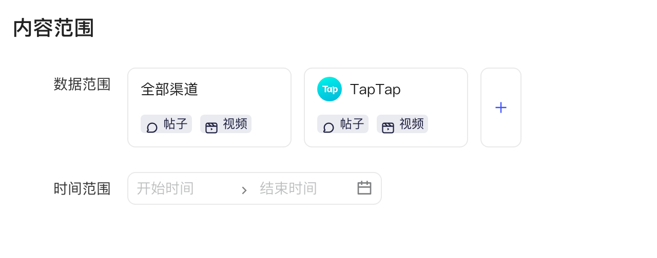内容范围里「全部渠道」之外又加了一张 TapTap 渠道卡片