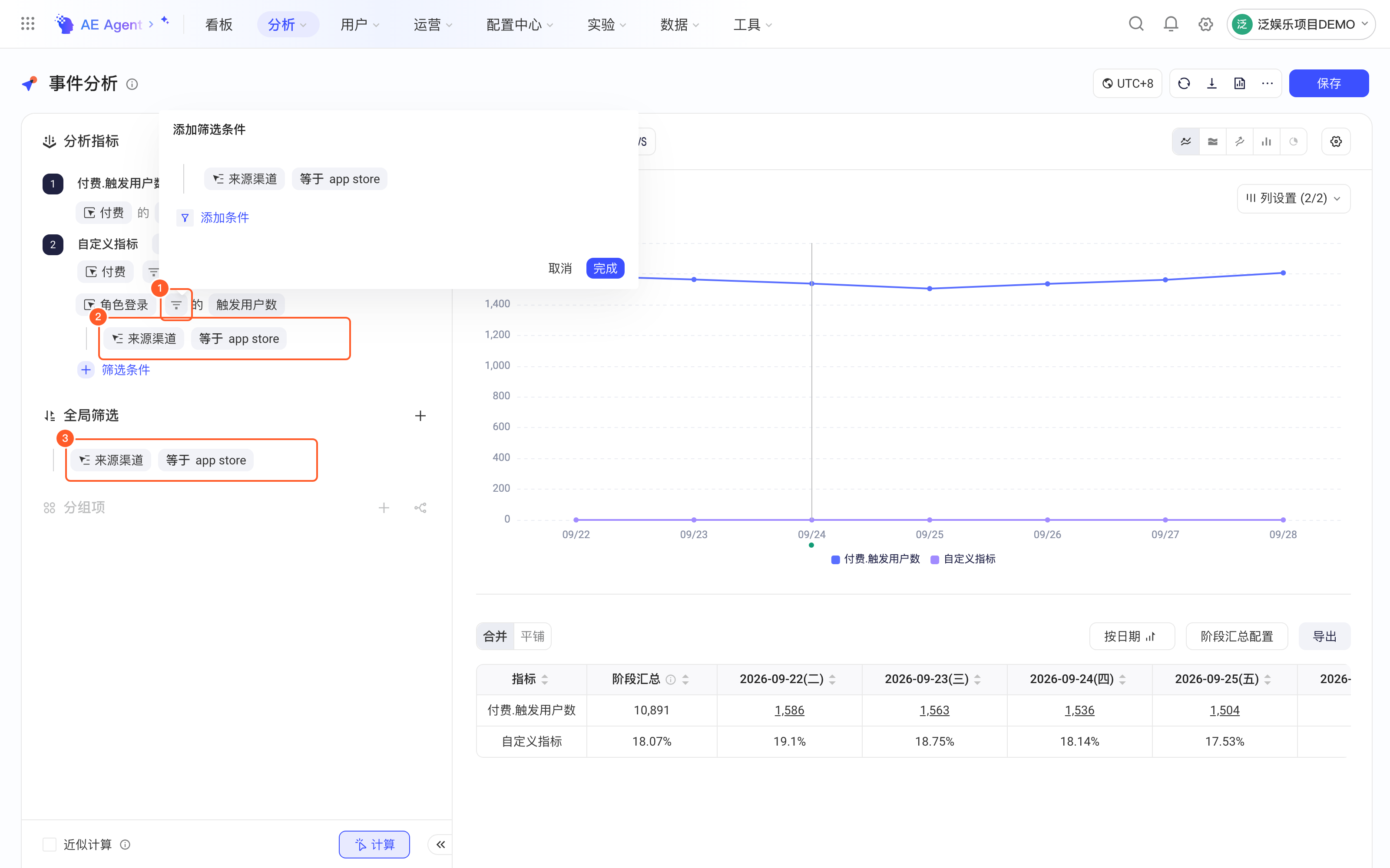 事件分析中标出单事件筛选、指标筛选和全局筛选三处筛选位置