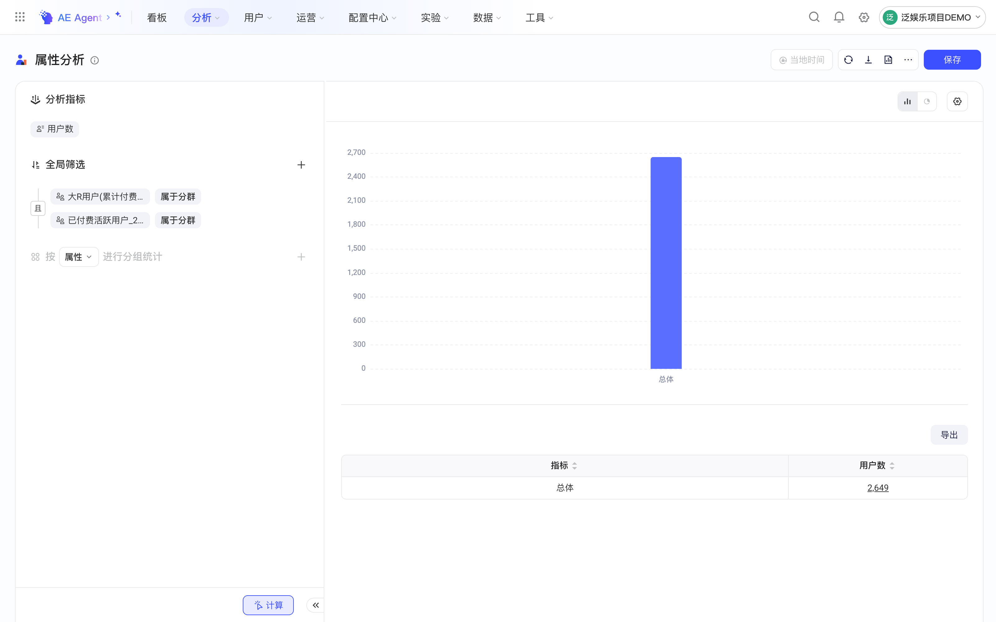 属性分析的全局筛选以「且」叠加多个用户分群，计算同时属于这些分群的用户数
