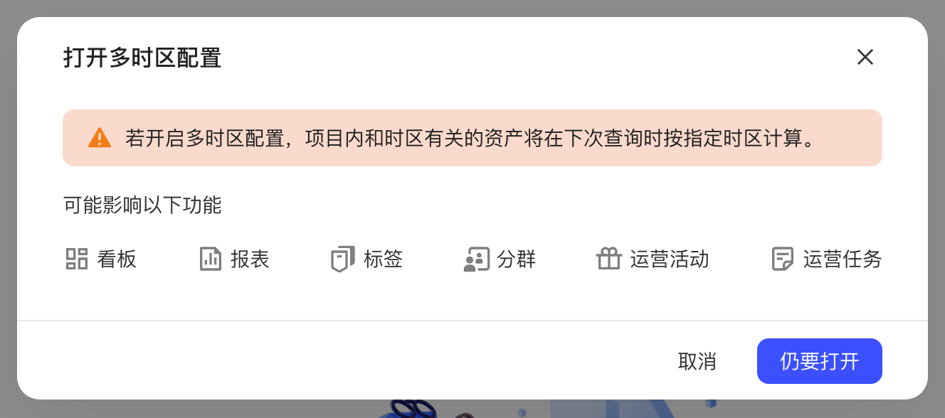 点「开启多时区」后弹出的「打开多时区配置」确认弹窗：影响功能与影响方式表、「已知晓打开多时区配置的风险」勾选项