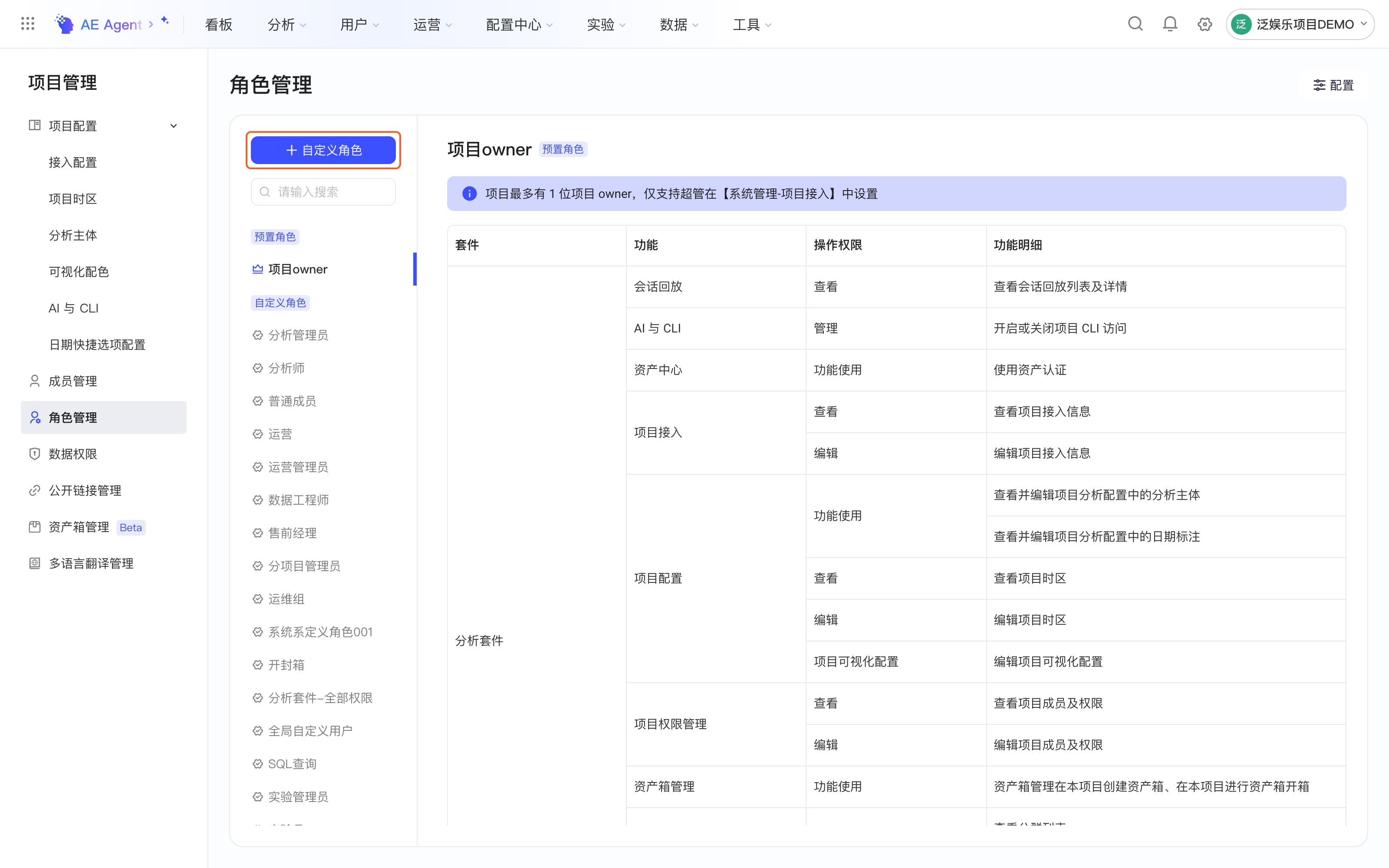 角色管理页，框出角色列表上方的「+ 自定义角色」按钮