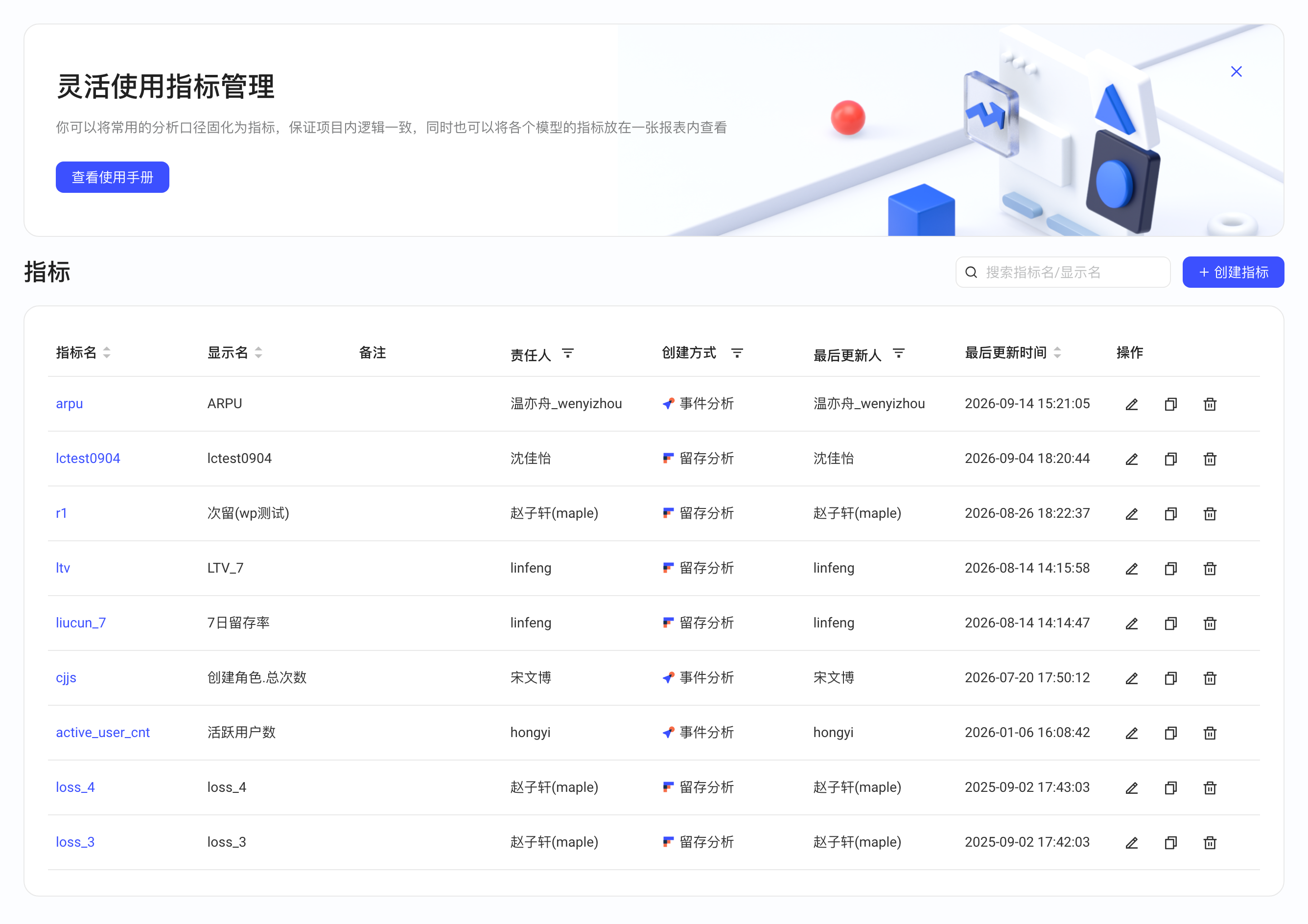 指标管理页，顶部为引导横幅，下方为指标列表和创建指标按钮
