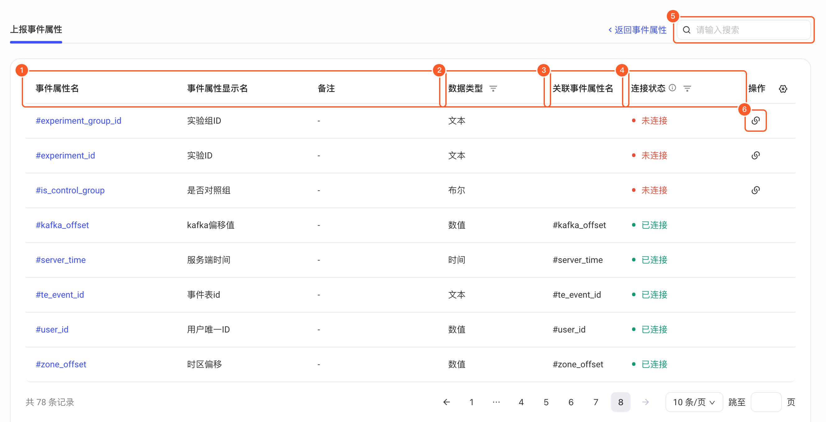 上报事件属性列表，框出关联事件属性名、连接状态和创建并连接按钮