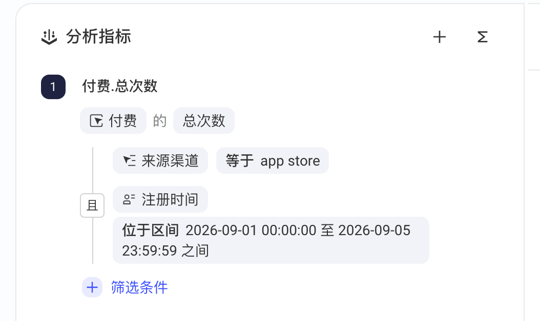 分析指标下的两条并列筛选条件，以「且」连接