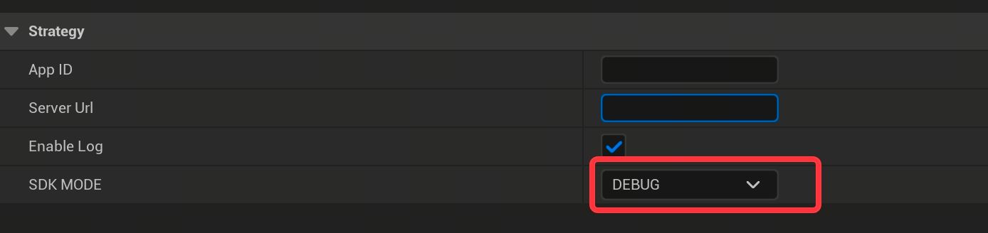 Unreal 编辑器 Strategy 插件设置，框出 SDK MODE 为 DEBUG