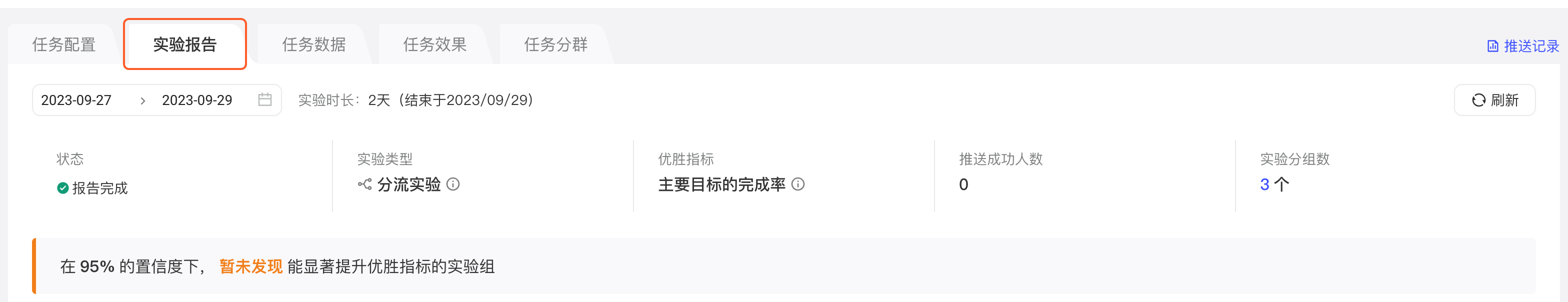 运营任务详情页框出实验报告 tab，下方是实验的基本信息和结论
