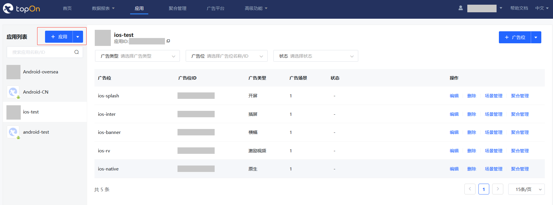 TopOn 后台应用页，应用名称下方显示应用 ID，右侧是该应用的广告位列表