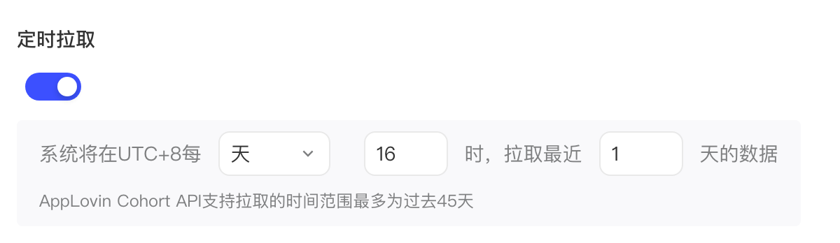 定时拉取设置：开启后系统每天 16 时拉取最近 1 天的 Cohort API 数据