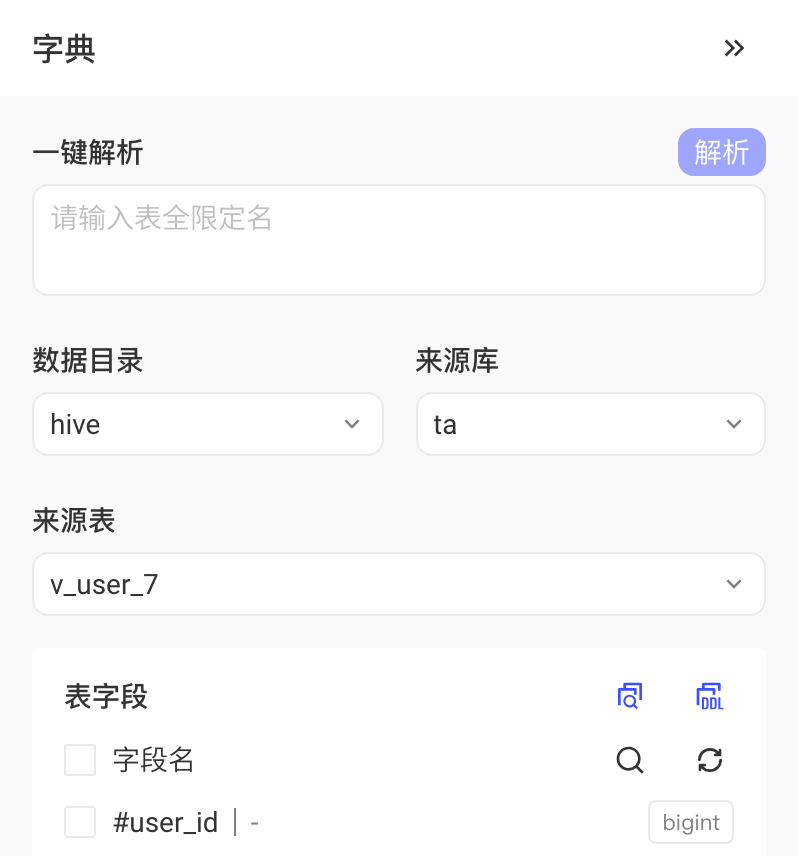 字典面板选好数据目录、来源库和来源表后，下方列出该表的全部字段