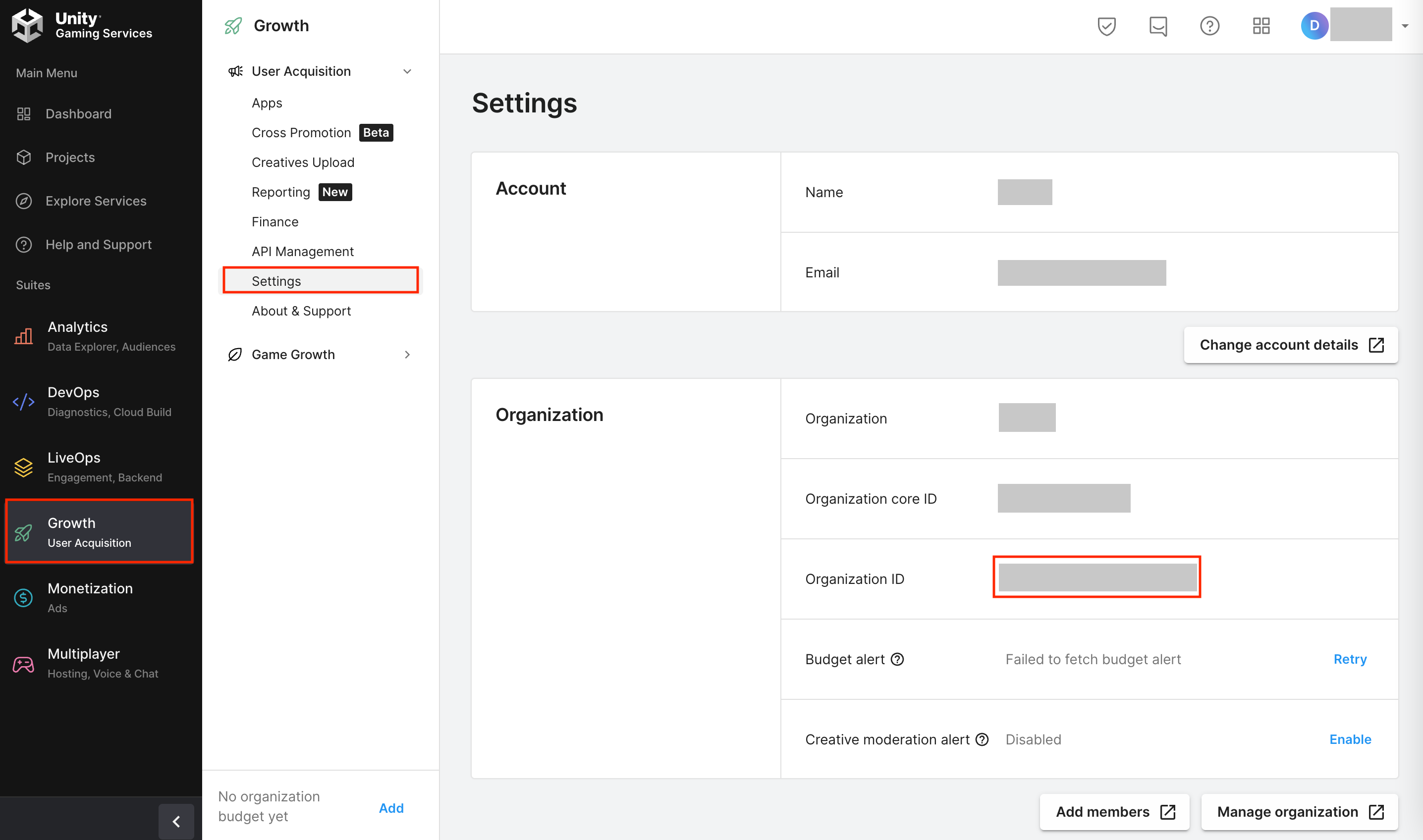 Unity 后台 Growth → Settings 页，红框标出 Organization ID