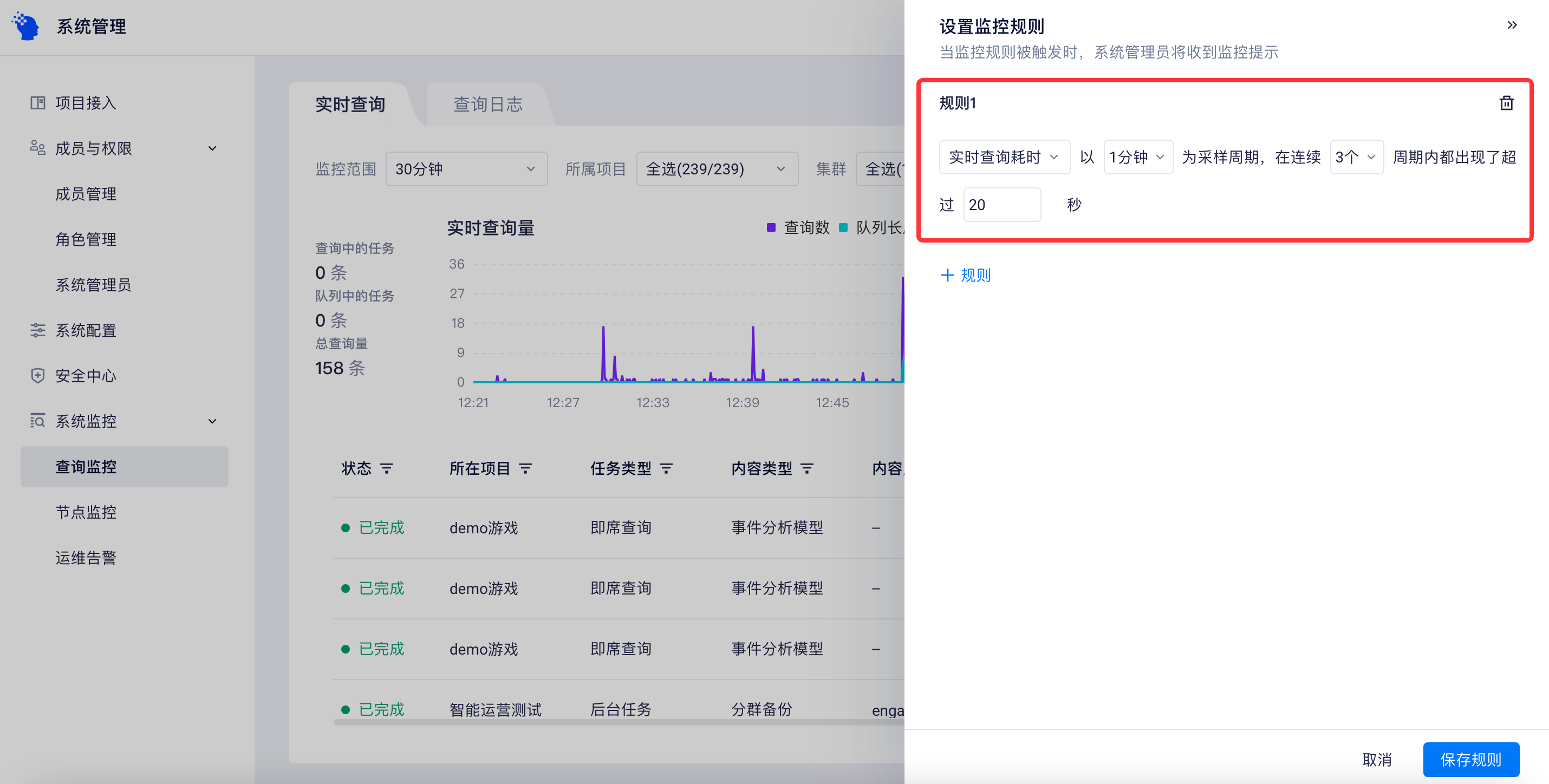 「设置监控规则」抽屉：以实时查询耗时、采样周期、连续周期数和耗时阈值配置规则1，可再添加规则