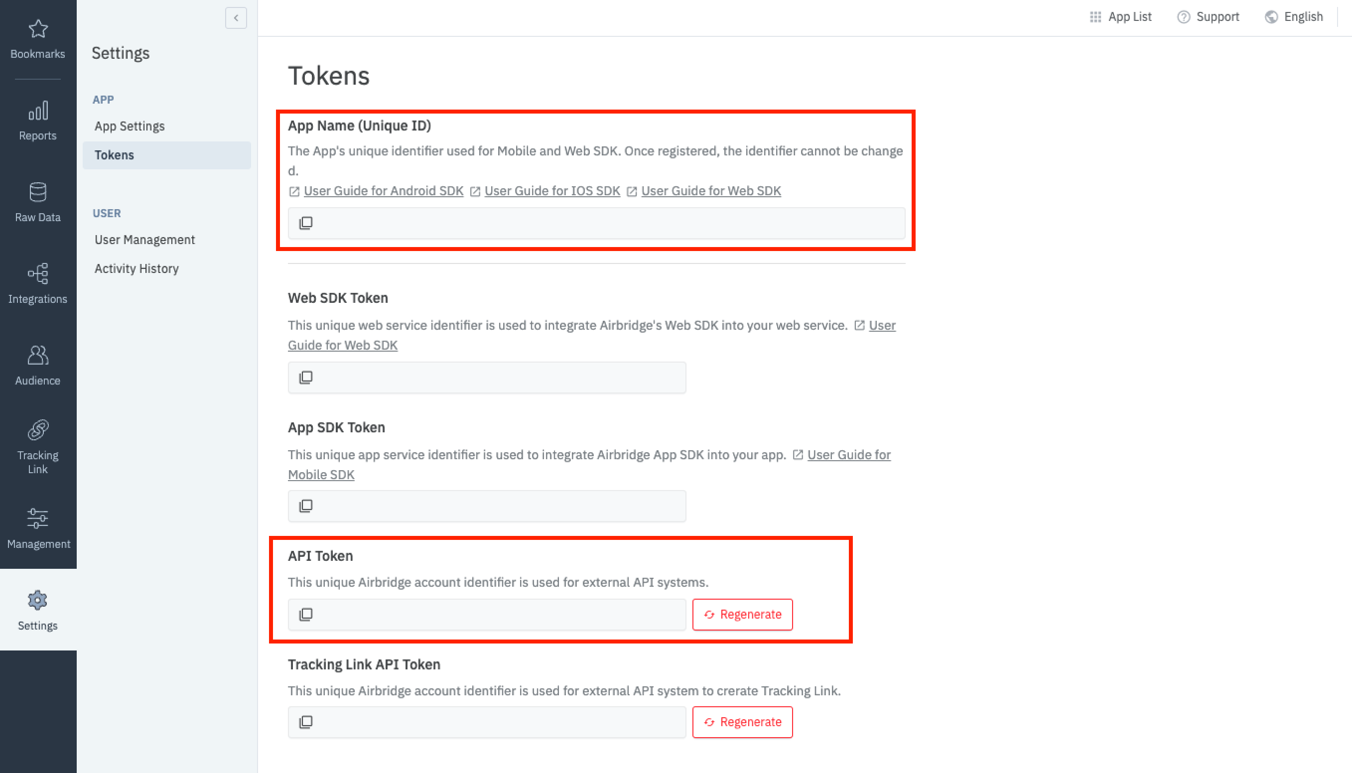 Airbridge 后台 Settings 的 Tokens 页，框出 App Name 和 API Token