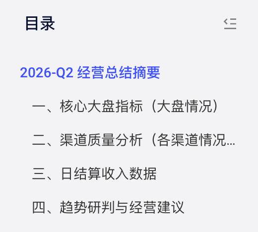 总结摘要左侧自动生成的目录，按层级列出经营总结摘要的各级标题