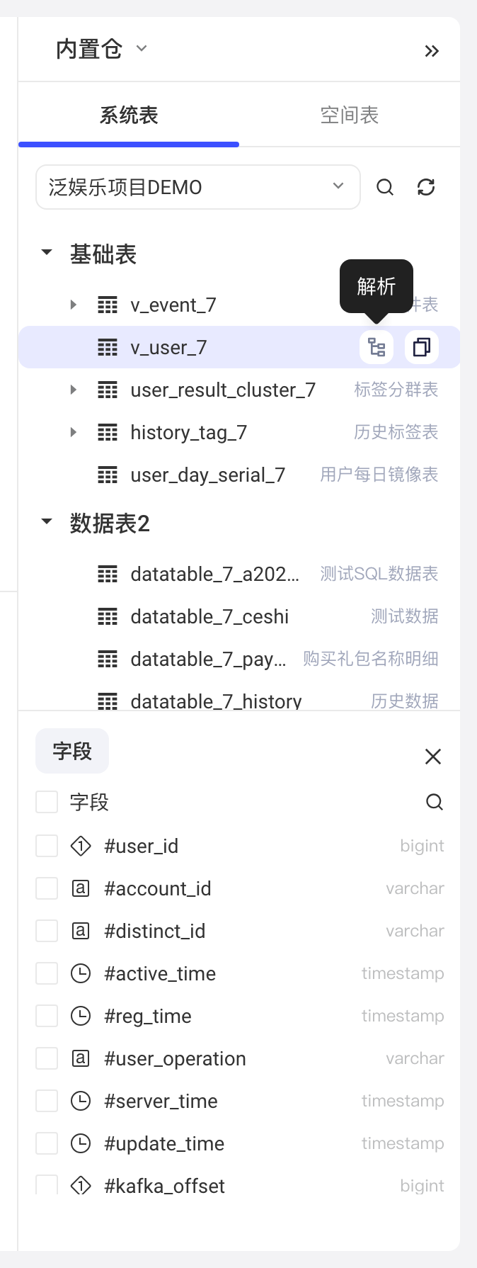库表区域选中用户表后出现解析、复制按钮，下方展开这张表的字段列表