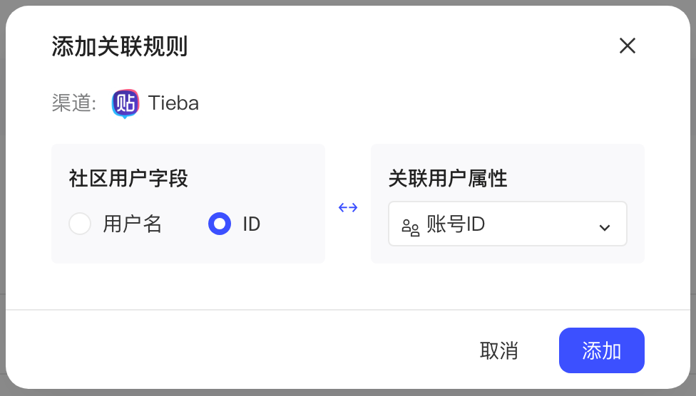 添加关联规则弹窗，选择社区用户字段（用户名或 ID）和要关联的用户属性