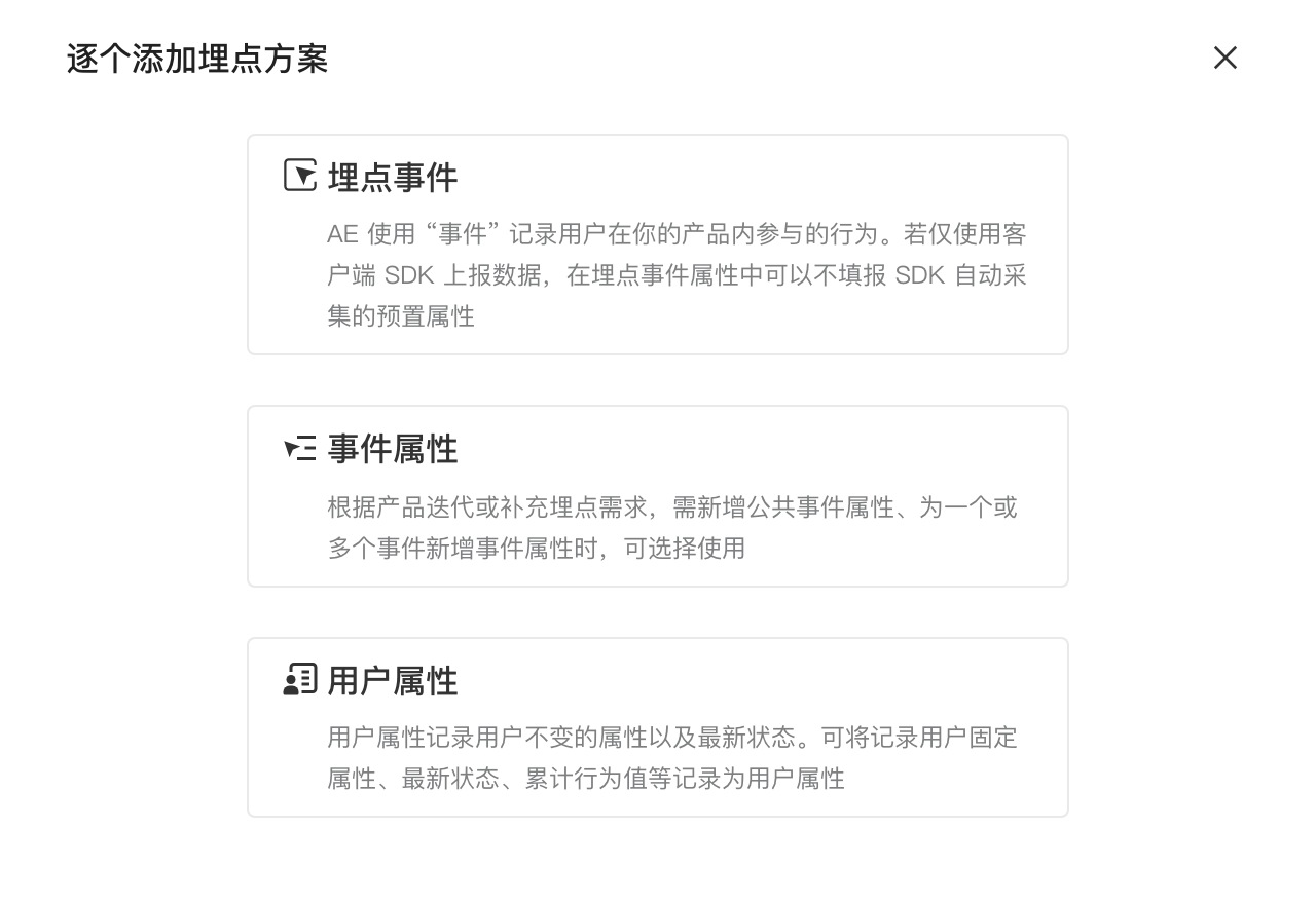逐个添加埋点方案抽屉，可新增埋点事件、事件属性或用户属性