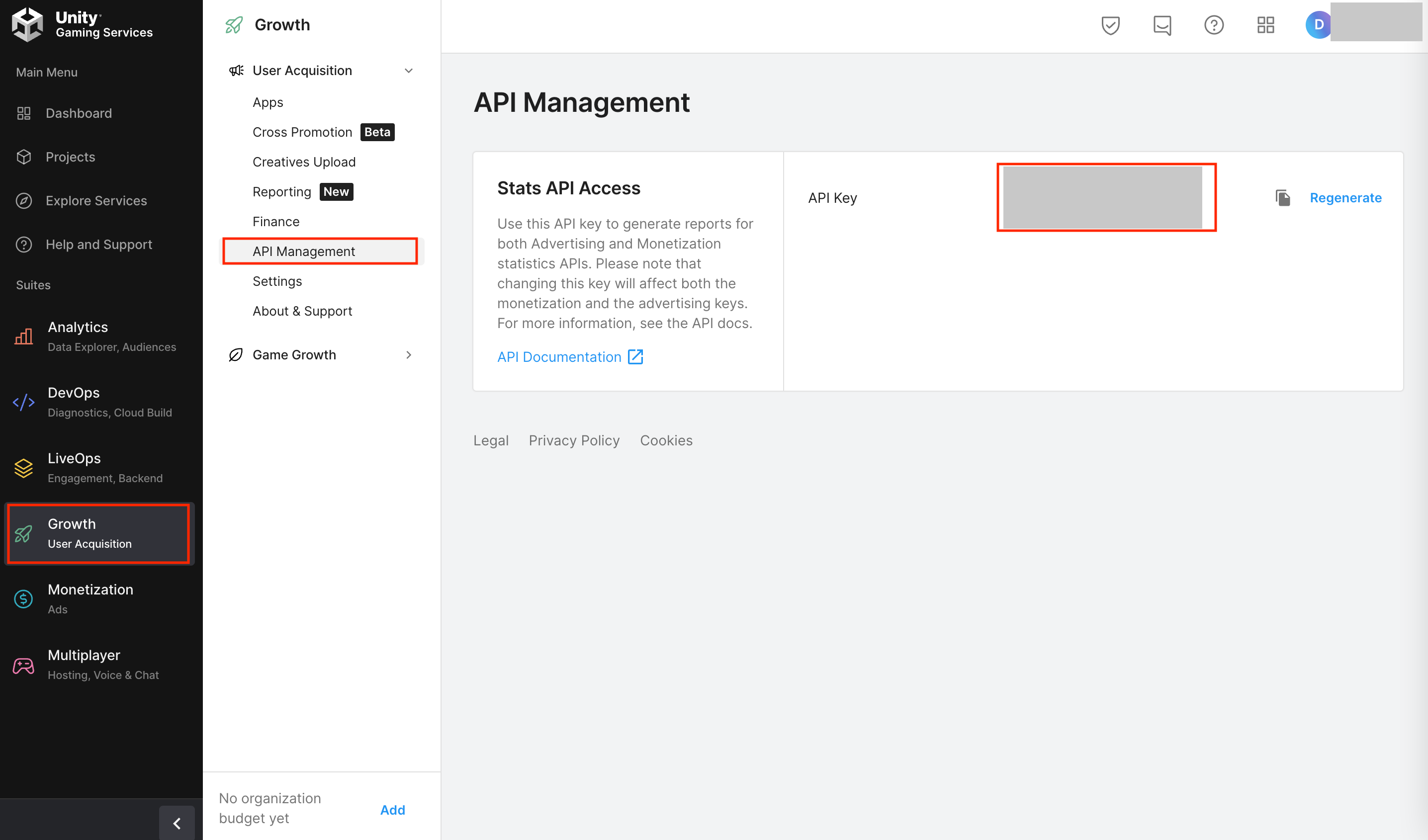 Unity 后台 API Management 页，红框标出 Stats API 的 API Key