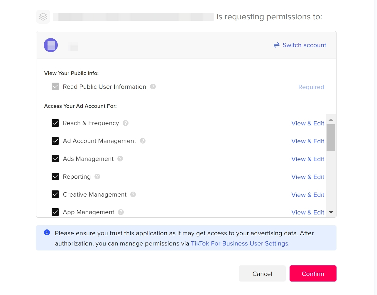 TikTok For Business 授权页，列出应用申请的广告账户权限，底部有 Confirm 按钮