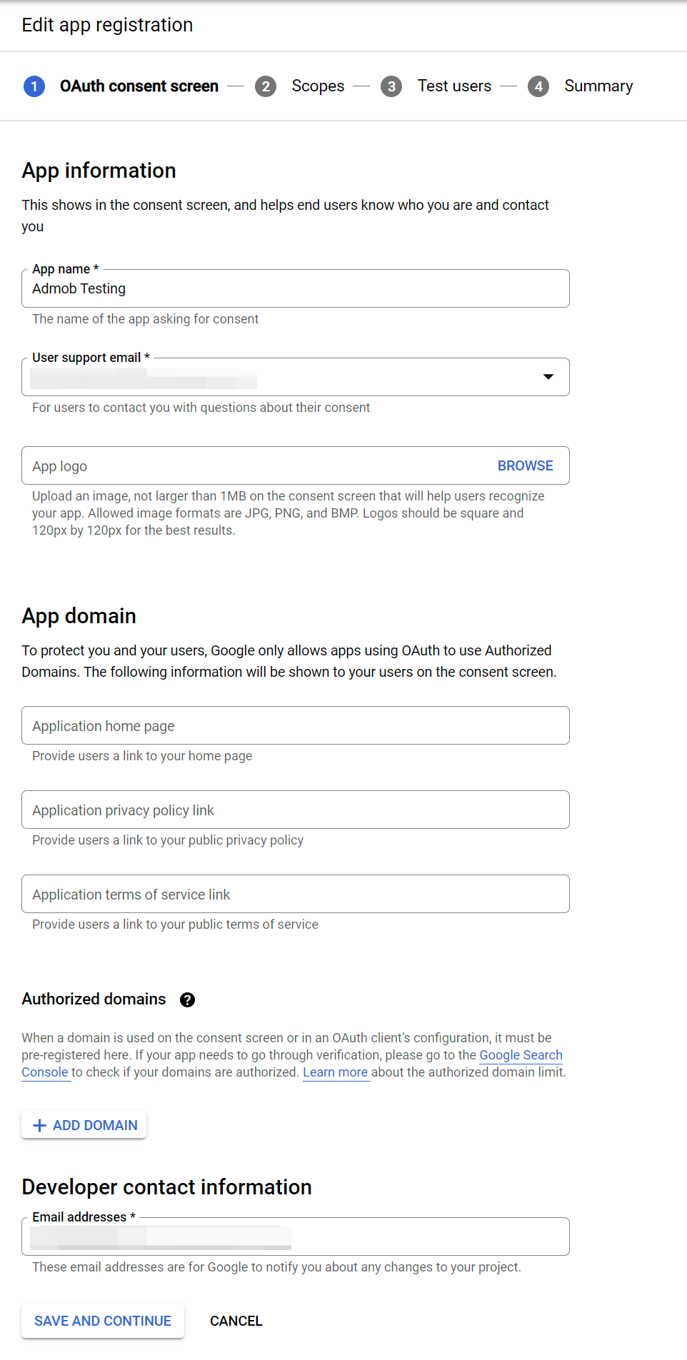 Edit app registration 的 OAuth consent screen 步骤，填写应用名称和联系邮箱