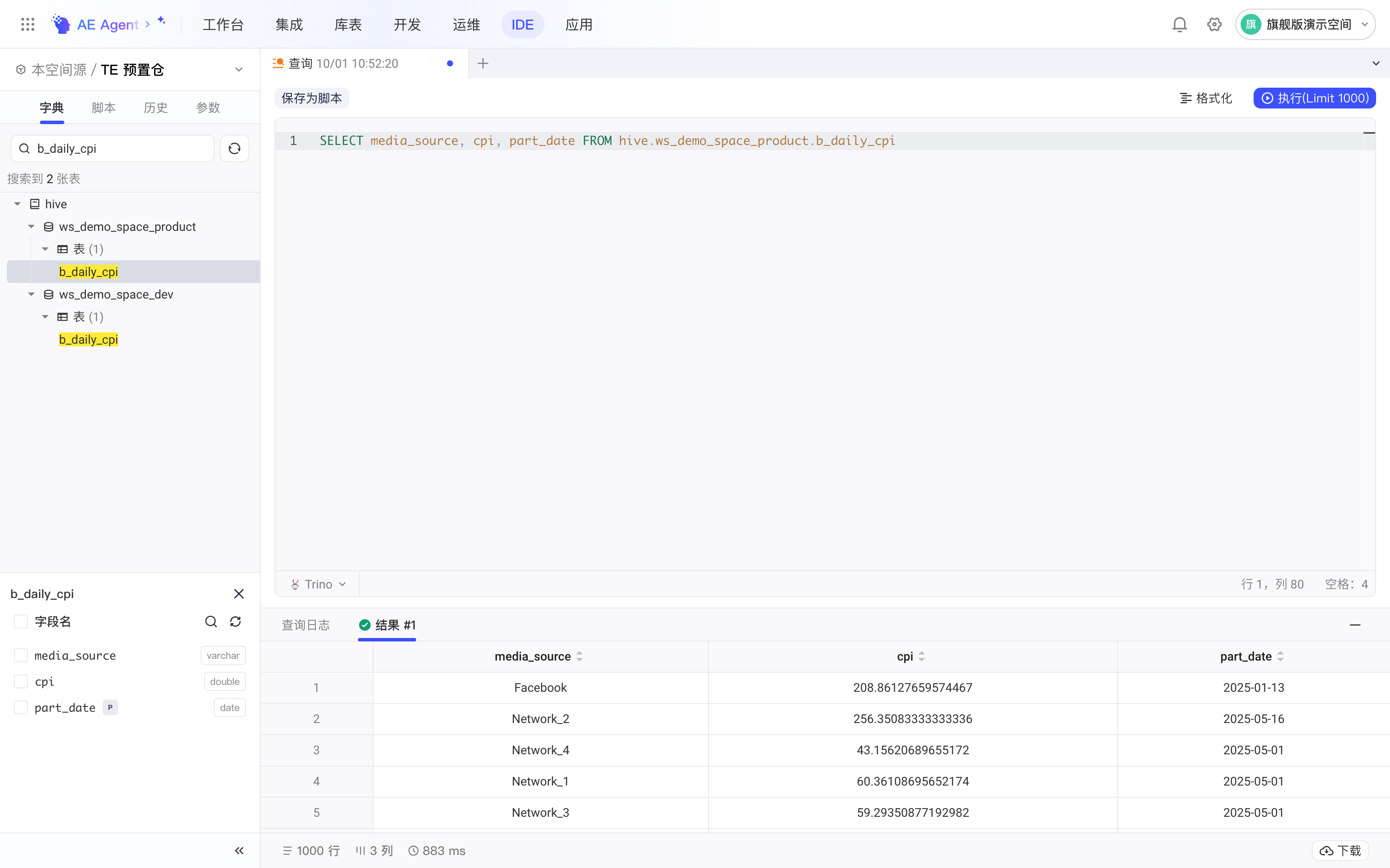 IDE 查询界面，左侧库表字典和所选表的字段，右侧查询页签里写好的 SELECT 语句