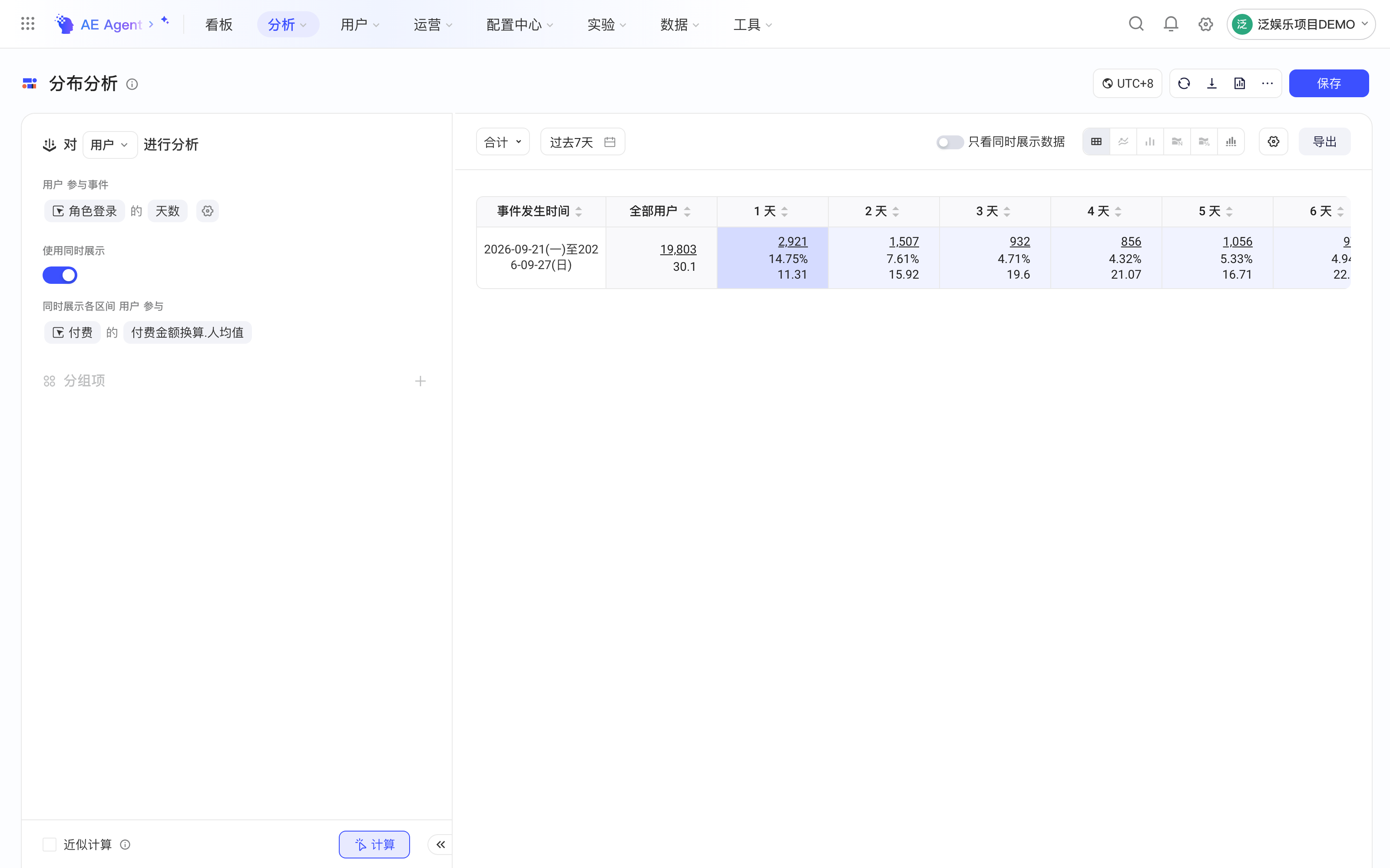 分布分析开启同时展示，表格中各区间同时显示人数、占比和付费金额人均值