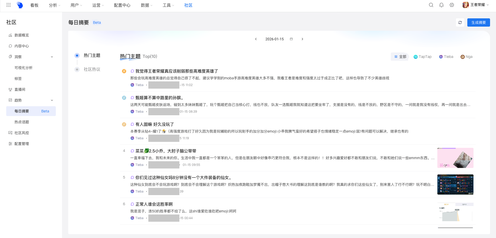 「每日摘要」页，按日期查看当天的热门主题 Top10，可按渠道切换，右上角有「生成摘要」