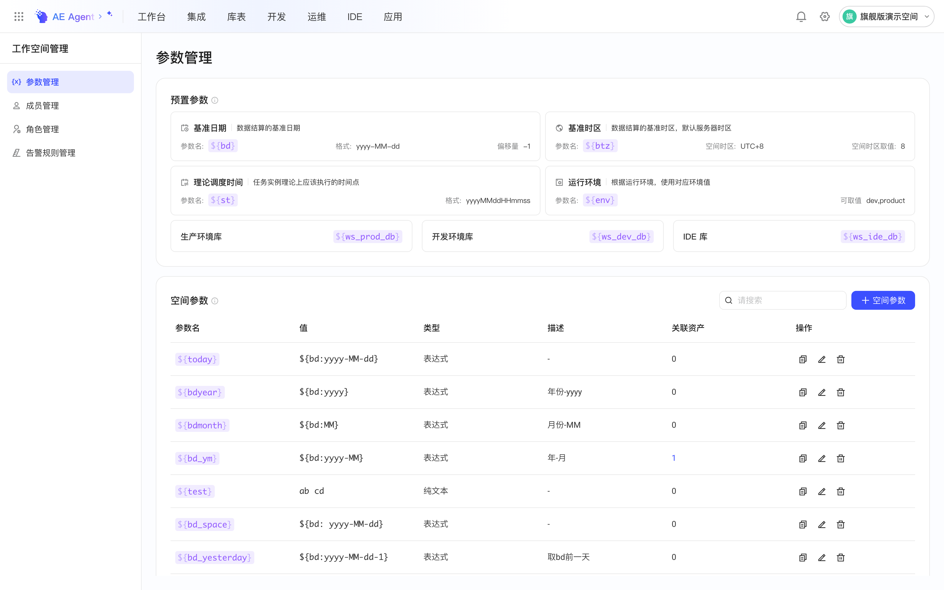工作空间管理的参数管理页，上方是预置参数卡片，下方是空间参数列表