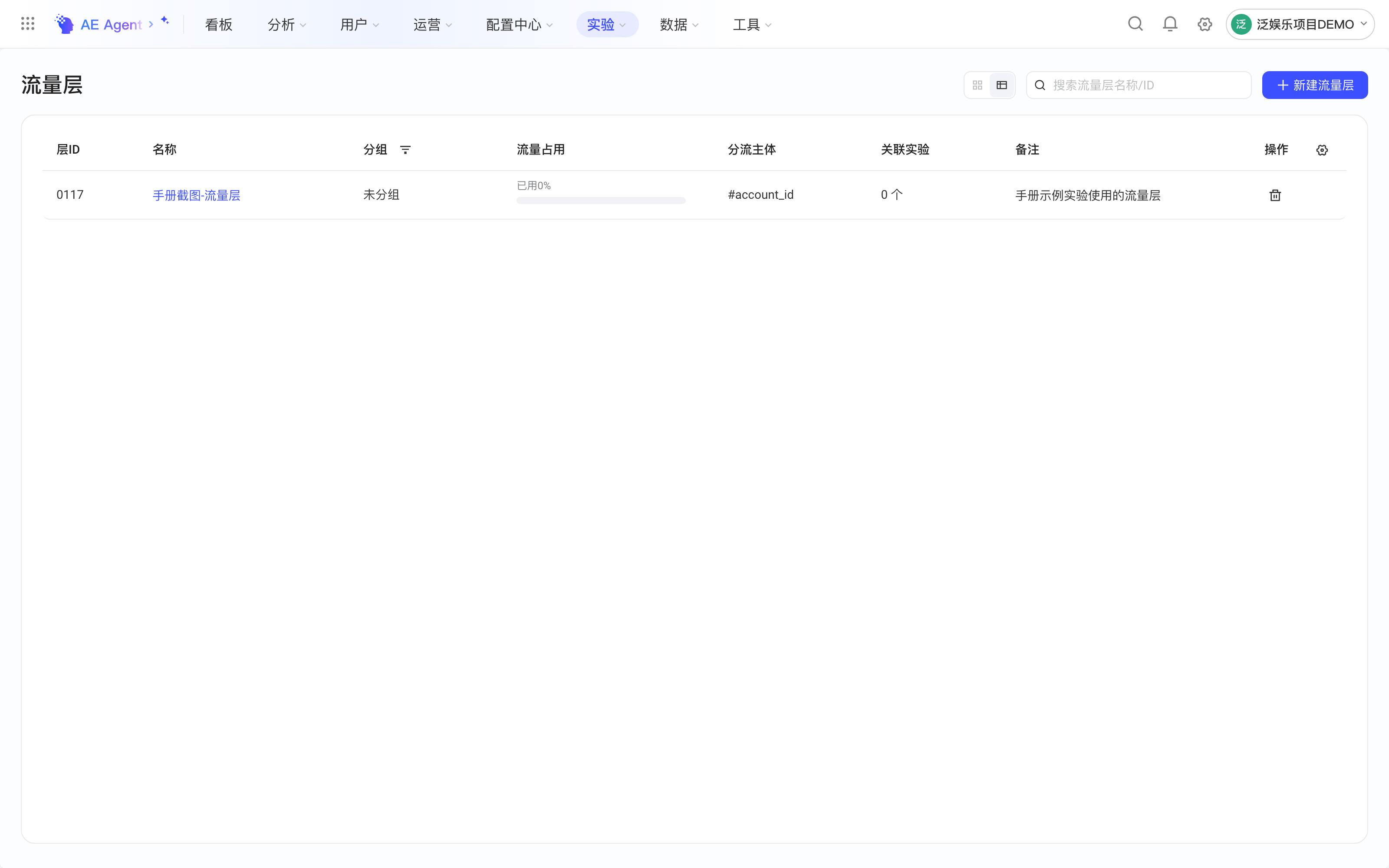流量层列表，显示层 ID、名称、流量占用、分流主体、关联实验和备注