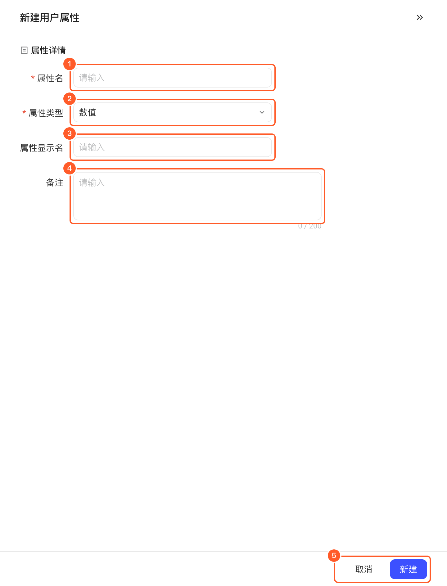 新建用户属性抽屉，填写属性名、类型、显示名和备注