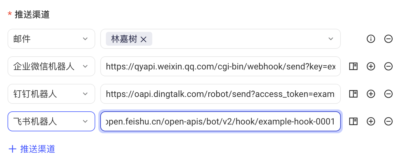 推送渠道区新增飞书机器人一行并填写 Webhook 地址