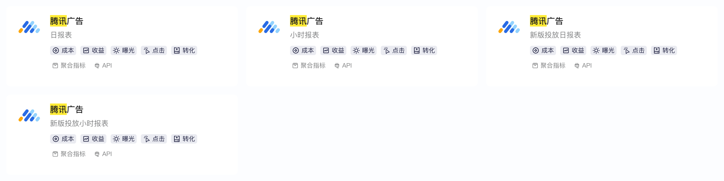 选择三方集成平台中腾讯广告的四张卡片：日报表、小时报表、新版投放日报表和小时报表