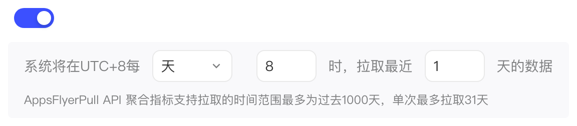定时拉取开关已打开，设置每天几点拉取最近几天的 Pull API 聚合指标数据