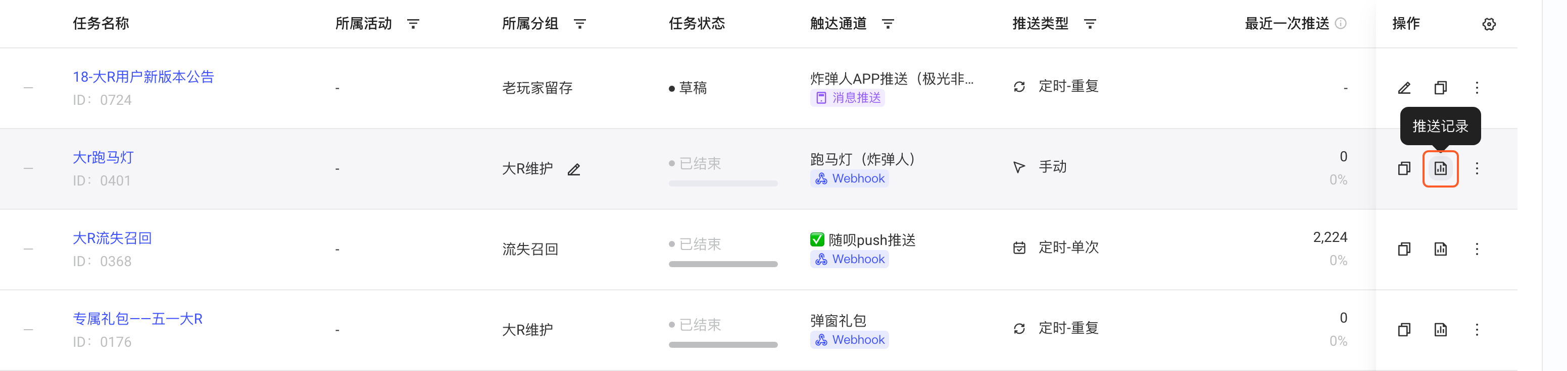 运营任务列表操作列，悬停「推送记录」图标显示提示