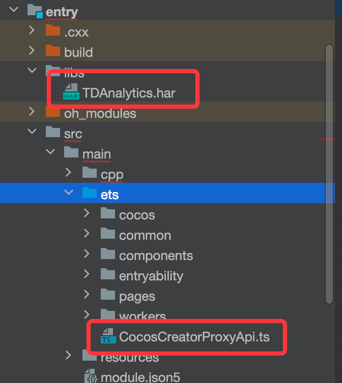 鸿蒙工程的 libs 下放 TDAnalytics.har，ets 下放 CocosCreatorProxyApi.ts