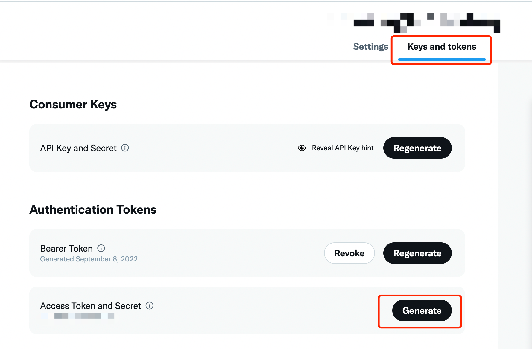 Twitter 开发者平台应用的 Keys and tokens 页，框出 Access Token 的生成按钮