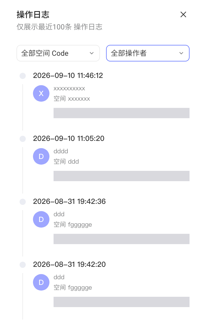 操作日志抽屉，可按空间 Code 和操作者筛选，时间线列出空间的新建、删除记录